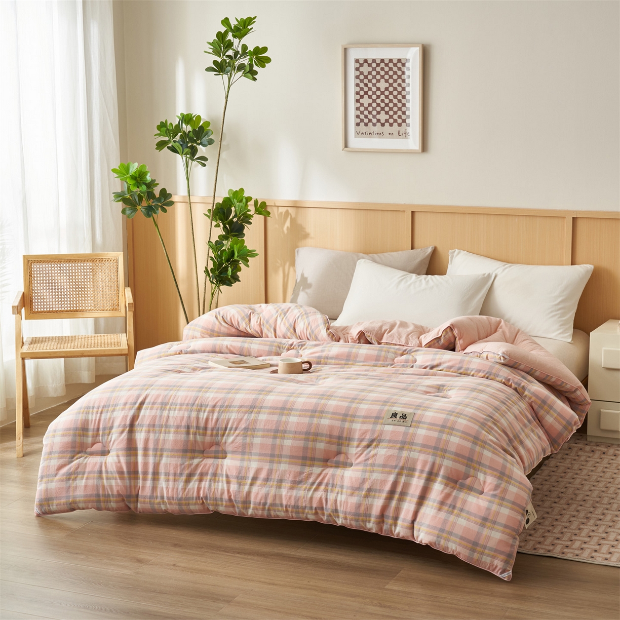 91家纺网 家纺一手货源 找家纺 趣色家纺 2025新款色织格子里外全棉纯棉棉花冬被被子被芯 简兮粉