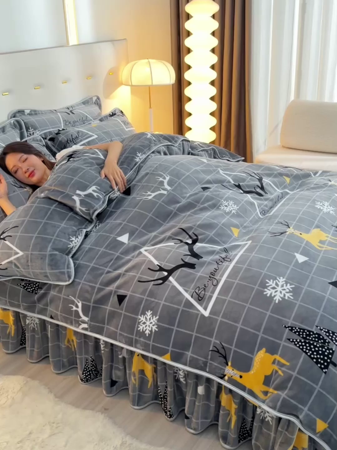 91家纺网 家纺一手货源 找家纺 缘莉娜家纺 2025高克重8斤牛奶绒四件套金貂绒法莱绒加厚保暖直播电商爆款 鹿上时空