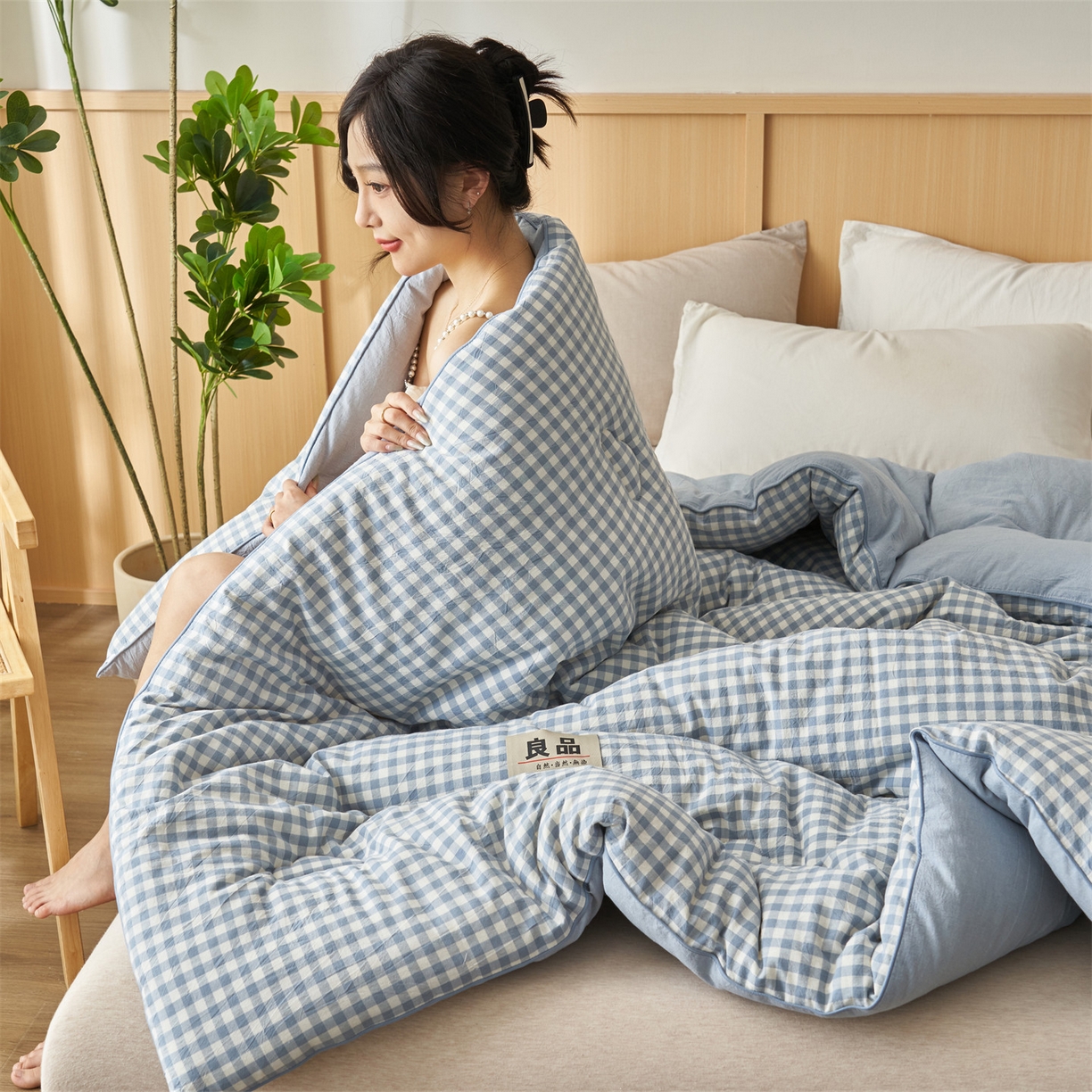 91家纺网 家纺一手货源 找家纺 趣色家纺 2025新款色织格子里外全棉纯棉棉花冬被被子被芯 小蓝格