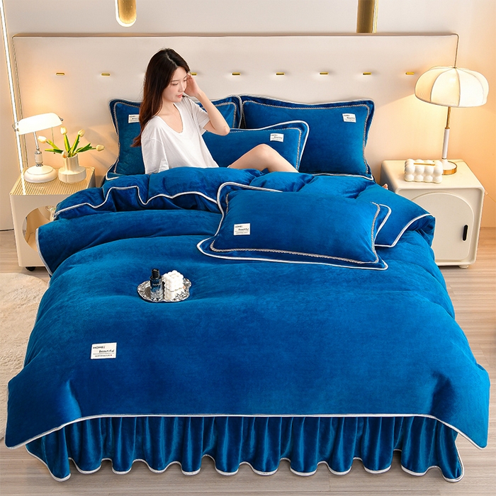 缘莉娜家纺 2025高克重8斤牛奶绒四件套金貂绒法莱绒加厚保暖直播电商爆款 深蓝