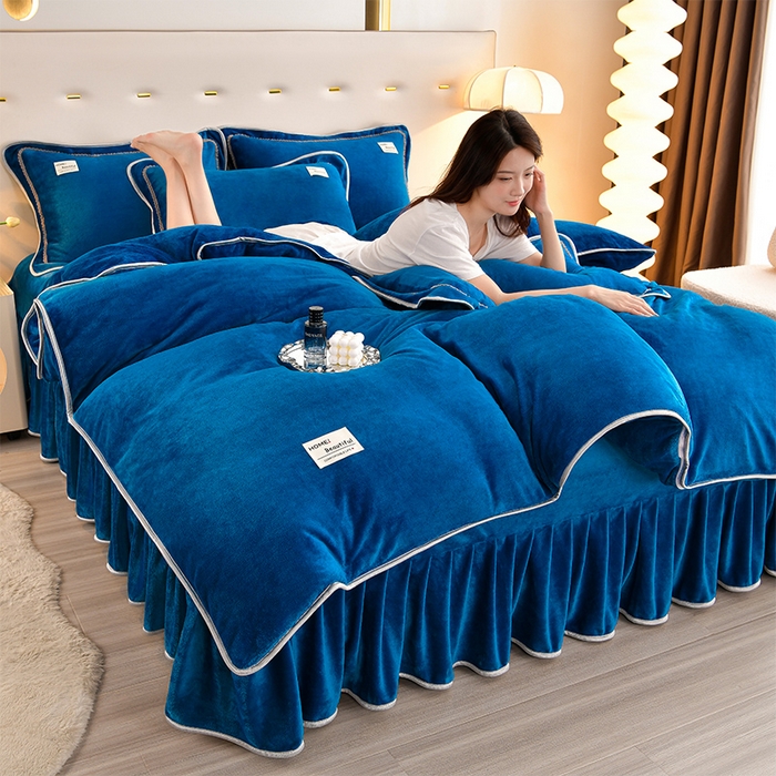 91家纺网 家纺一手货源 找家纺 缘莉娜家纺 2025高克重8斤牛奶绒四件套金貂绒法莱绒加厚保暖直播电商爆款 深蓝