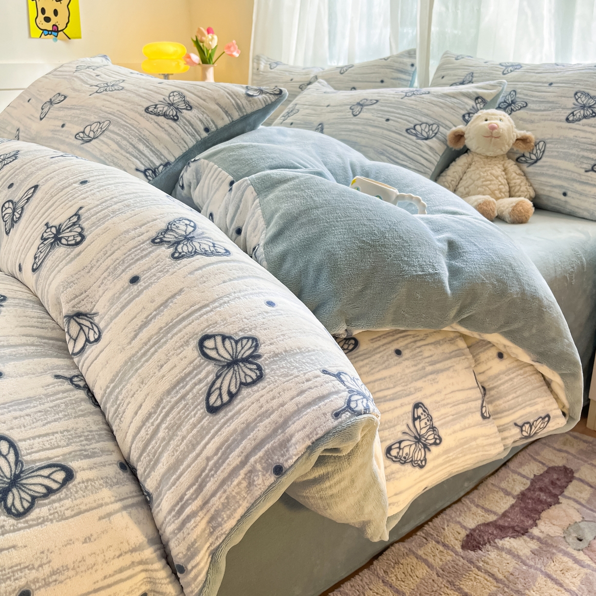 雅居纺家纺 2025新款雕花牛奶绒四件套-蝴蝶系列 蝶恋-蓝