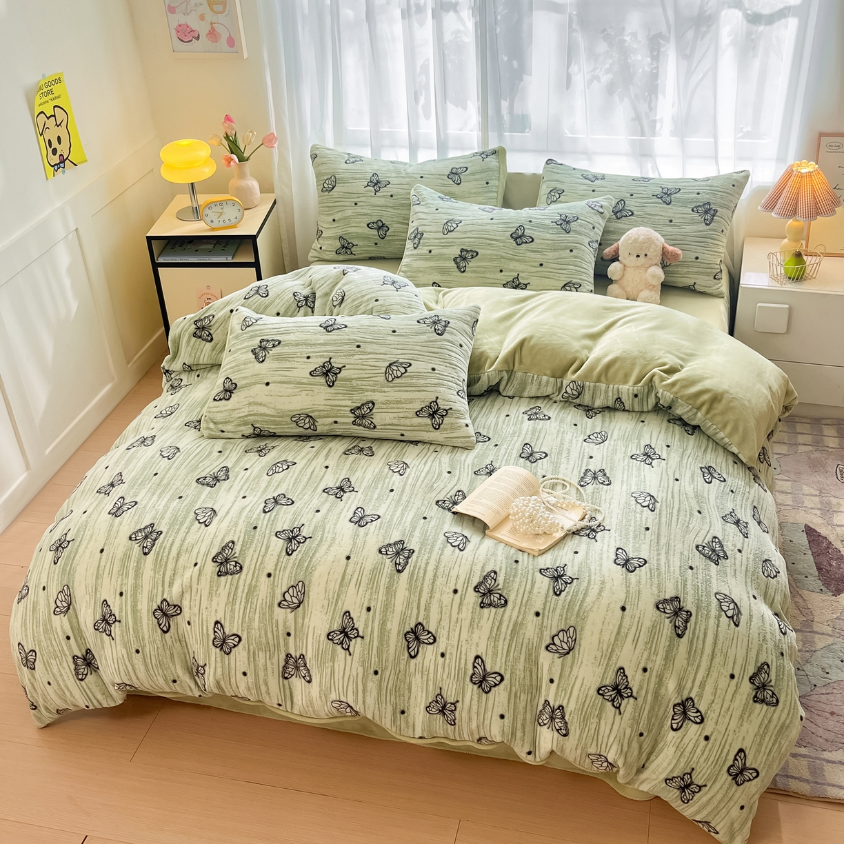 91家纺网 家纺一手货源 找家纺 雅居纺家纺 2025新款雕花牛奶绒四件套-蝴蝶系列 蝶恋-绿
