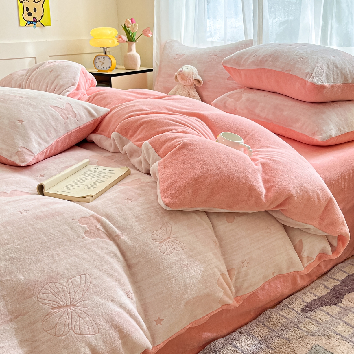 91家纺网 家纺一手货源 找家纺 雅居纺家纺 2025新款雕花牛奶绒四件套-蝴蝶系列 星蝶-粉