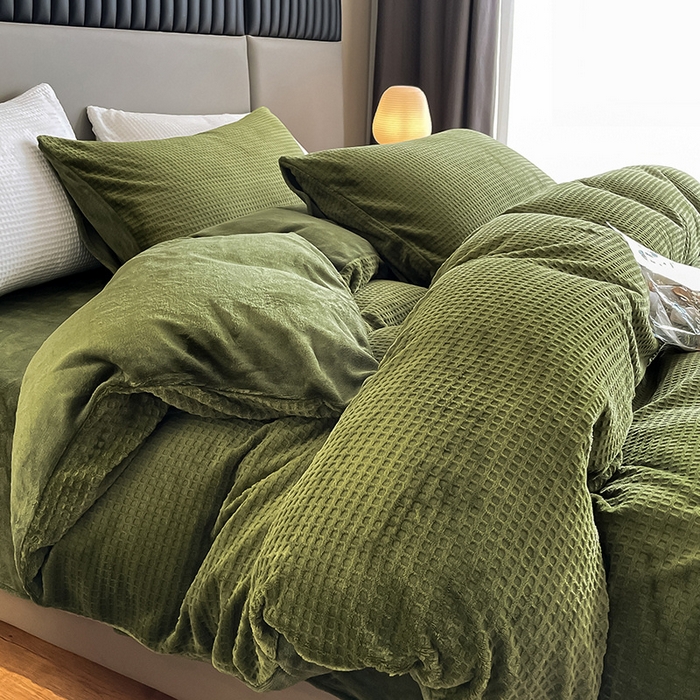 雅居纺家纺 2025新款雕花绒四件套-简约系列 华夫格绒-墨绿