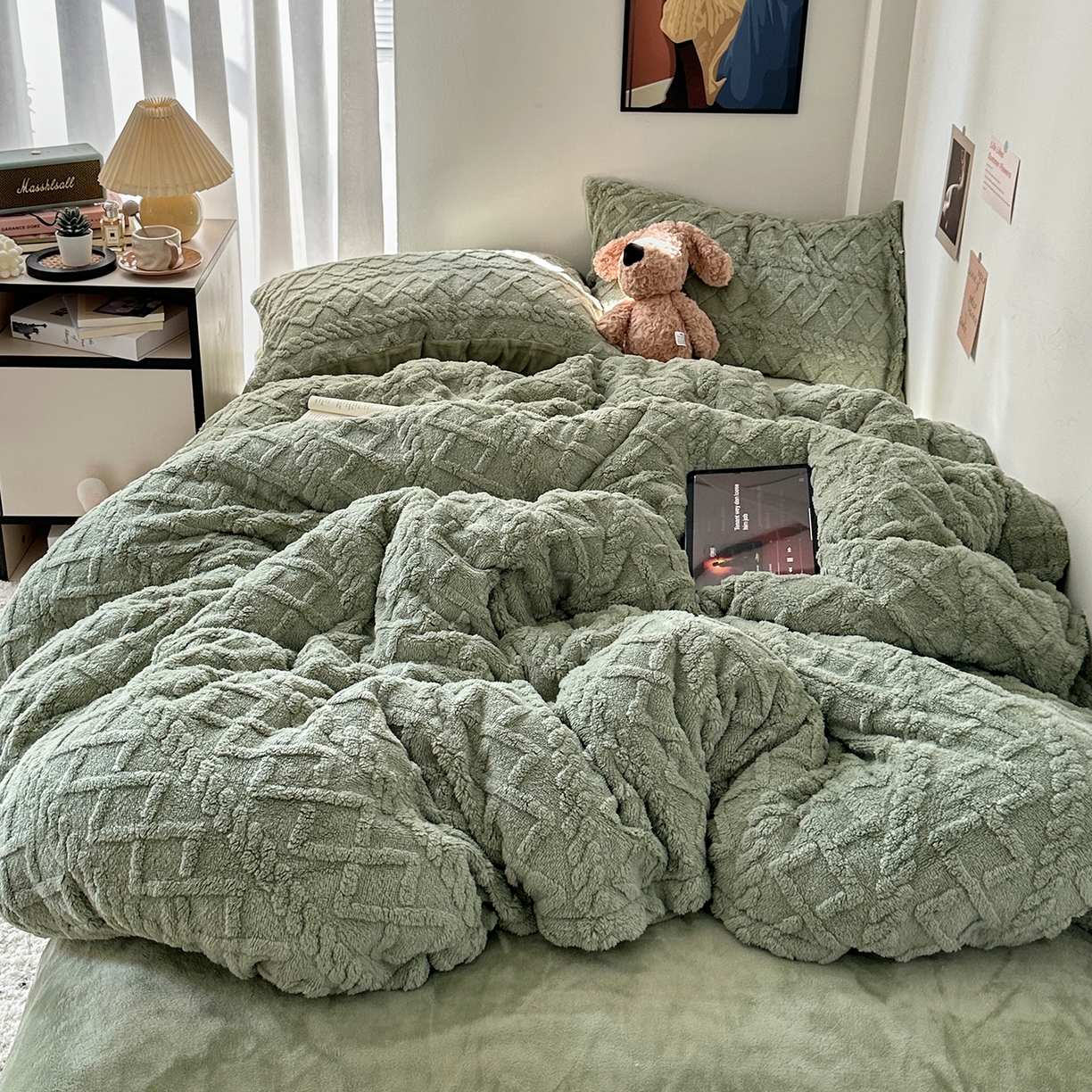 91家纺网 家纺一手货源 找家纺 艾咪-Amy ntmy 2025新款治愈系少女风塔芙绒牛奶绒四件套 抹茶