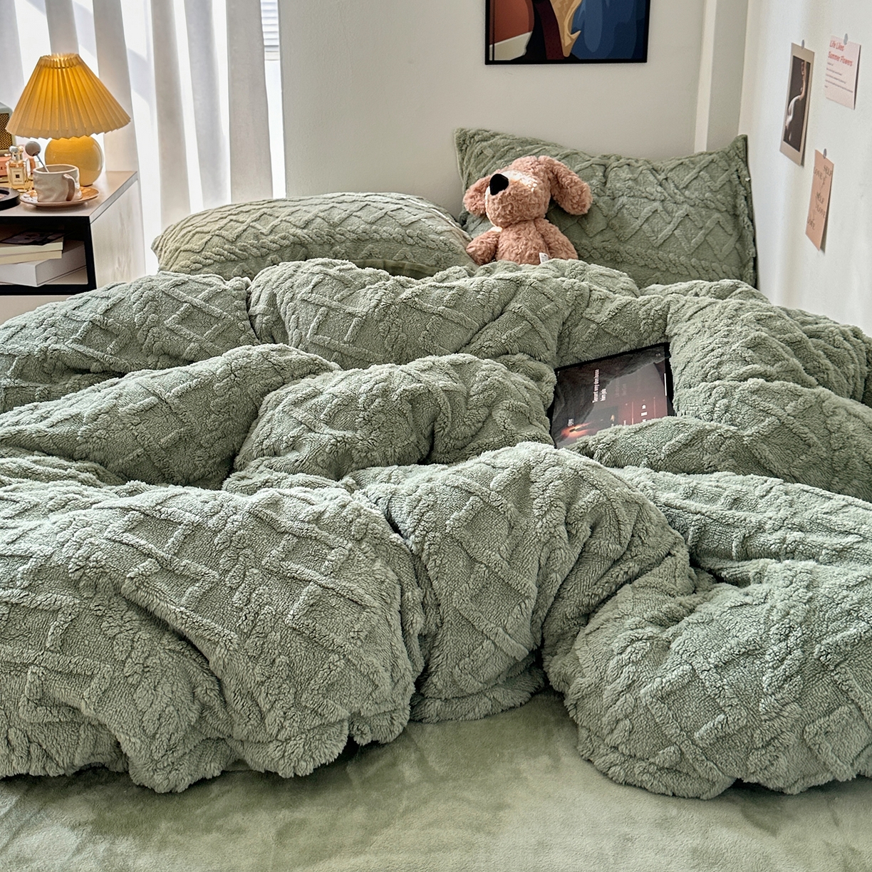 91家纺网 家纺一手货源 找家纺 艾咪-Amy ntmy 2025新款治愈系少女风塔芙绒牛奶绒四件套 抹茶