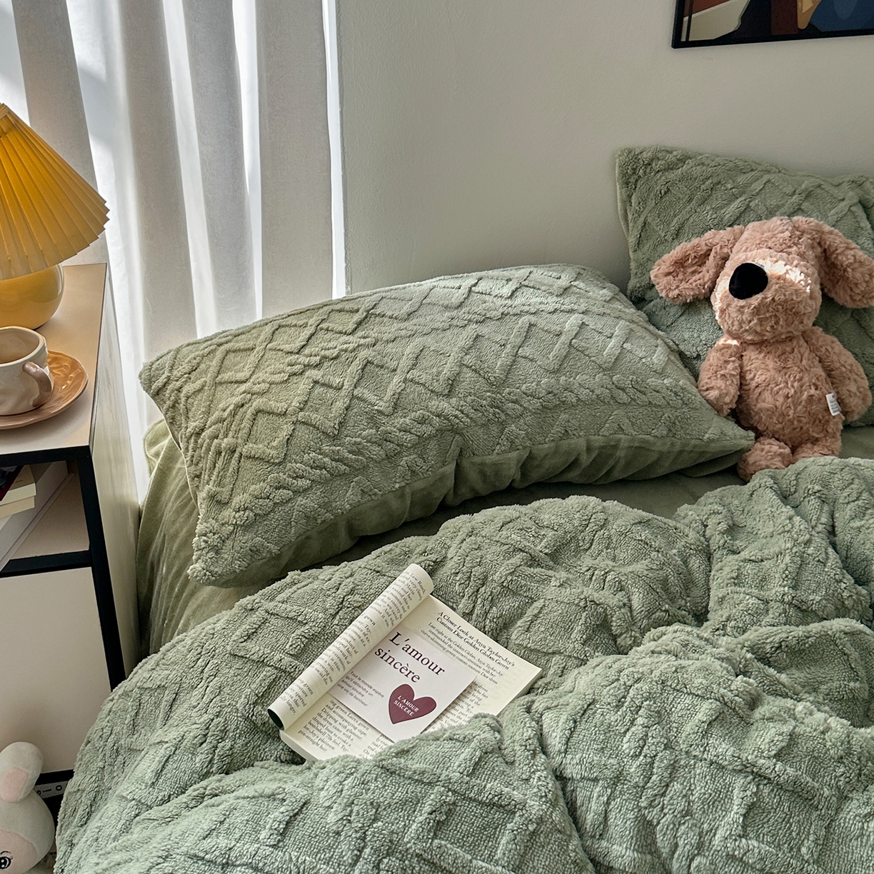 91家纺网 家纺一手货源 找家纺 艾咪-Amy ntmy 2025新款治愈系少女风塔芙绒牛奶绒四件套 抹茶