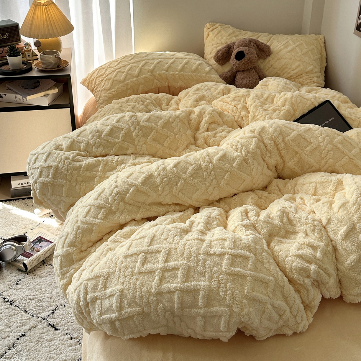 91家纺网 家纺一手货源 找家纺 艾咪-Amy ntmy 2025新款治愈系少女风塔芙绒牛奶绒四件套 杏黄