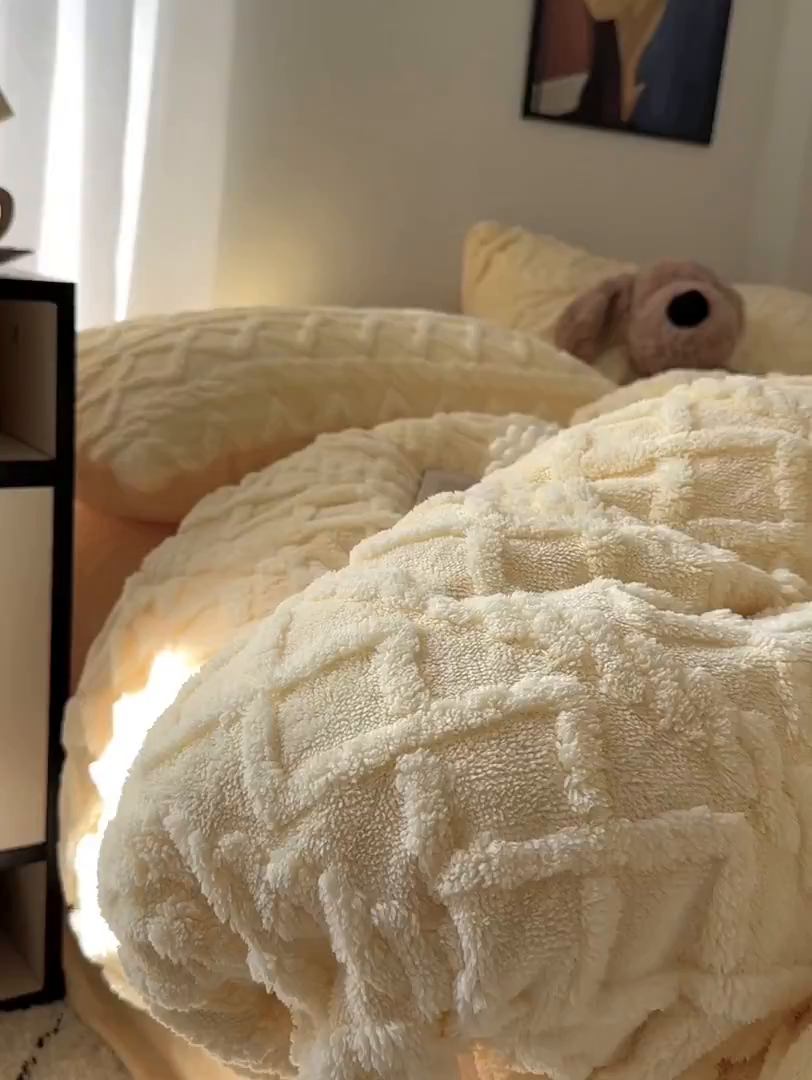 91家纺网 家纺一手货源 找家纺 艾咪-Amy ntmy 2025新款治愈系少女风塔芙绒牛奶绒四件套 杏黄