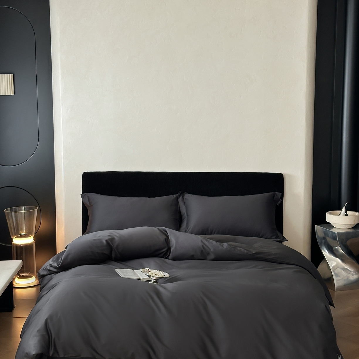 91家纺网 家纺一手货源 找家纺 三味舒屋 2025新款50s全棉纯棉纯色四件套-长期主义 长期主义-摩卡黑灰