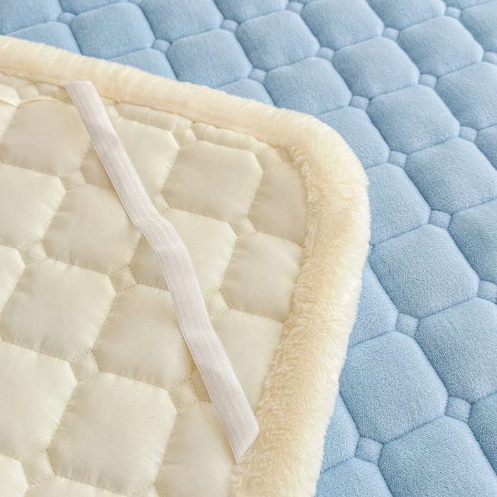 91家纺网 家纺一手货源 找家纺 爱屋及屋 2025新款牛奶绒小狗毛巾绣床垫-大床 luck狗-天空蓝