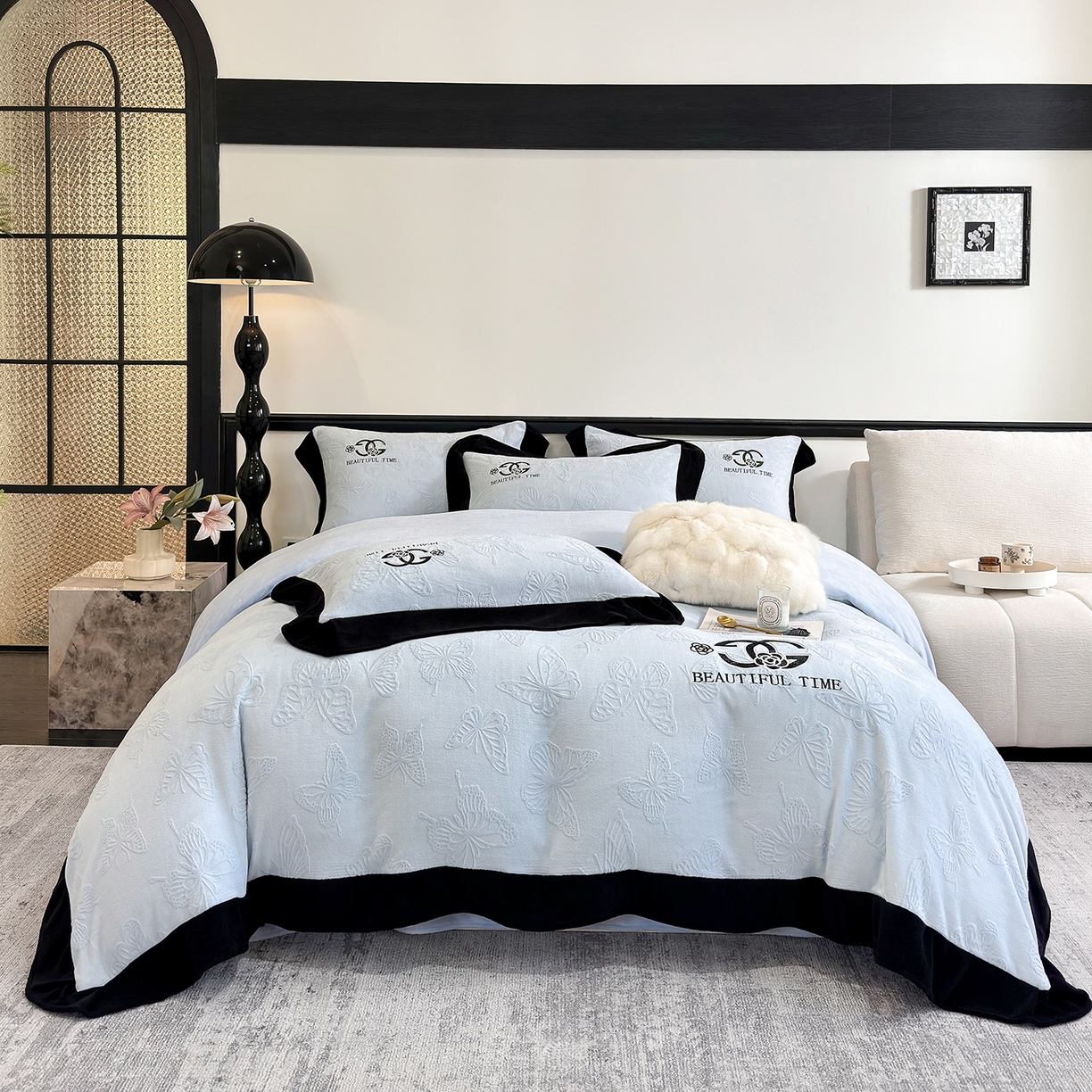 苏美 2025新款烂花雕花绒牛奶绒绣花四件套 蝴蝶-蓝