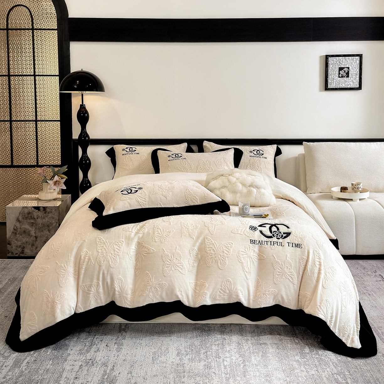 苏美 2025新款烂花雕花绒牛奶绒绣花四件套 蝴蝶-米白