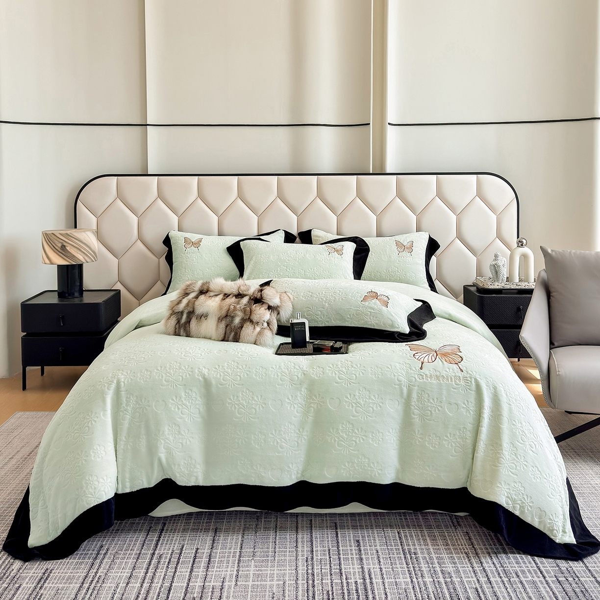 苏美 2025新款烂花雕花绒牛奶绒绣花四件套 花朵-绿