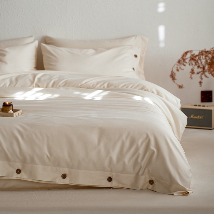 91家纺网 家纺一手货源 找家纺 时年家纺 2025新款60S长绒棉四件套 裸棉生活-纽扣款