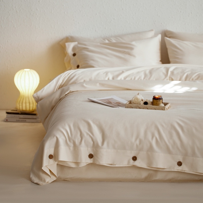 91家纺网 家纺一手货源 找家纺 时年家纺 2025新款60S长绒棉四件套 裸棉生活-纽扣款