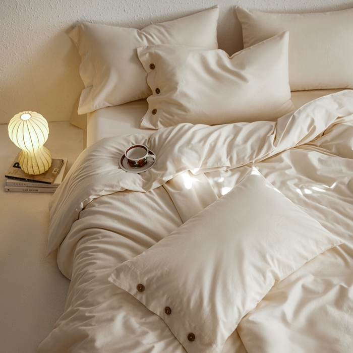 91家纺网 家纺一手货源 找家纺 时年家纺 2025新款60S长绒棉四件套 裸棉生活-纽扣款