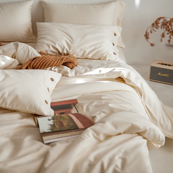 91家纺网 家纺一手货源 找家纺 时年家纺 2025新款60S长绒棉四件套 裸棉生活-纽扣款