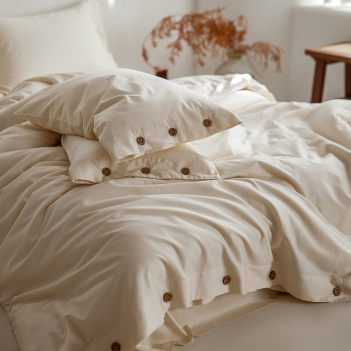 91家纺网 家纺一手货源 找家纺 时年家纺 2025新款60S长绒棉四件套 裸棉生活-纽扣款