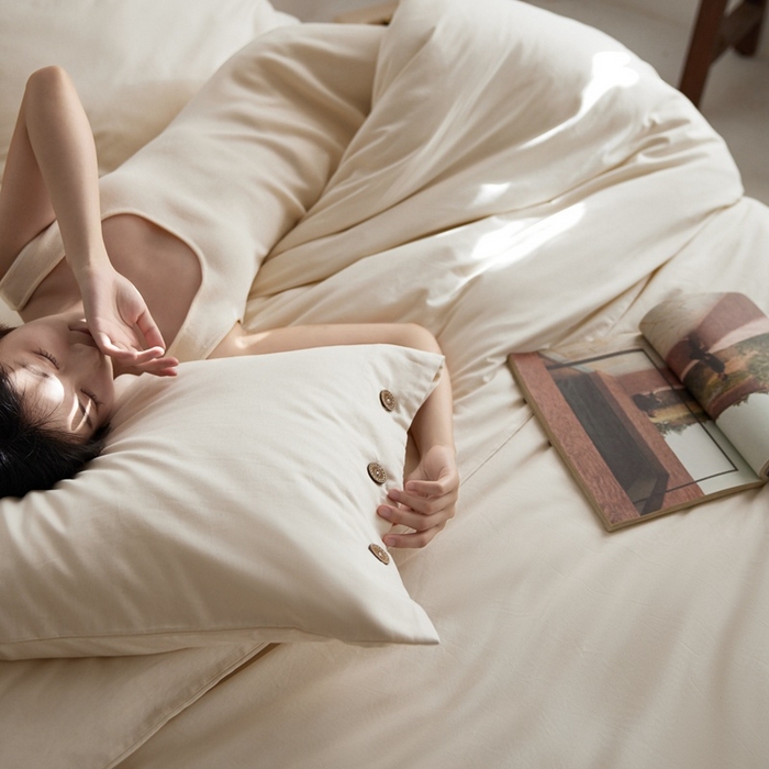 91家纺网 家纺一手货源 找家纺 时年家纺 2025新款60S长绒棉四件套 裸棉生活-纽扣款