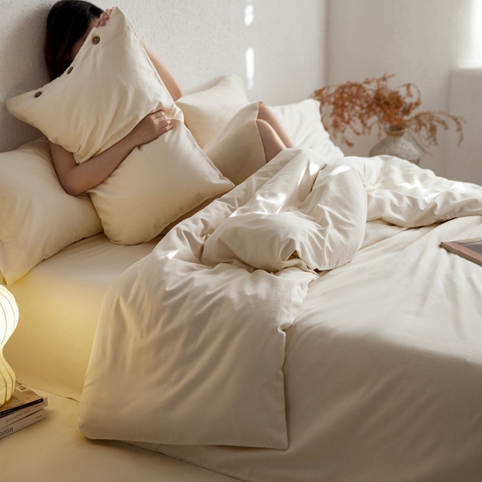 91家纺网 家纺一手货源 找家纺 时年家纺 2025新款60S长绒棉四件套 裸棉生活-纽扣款