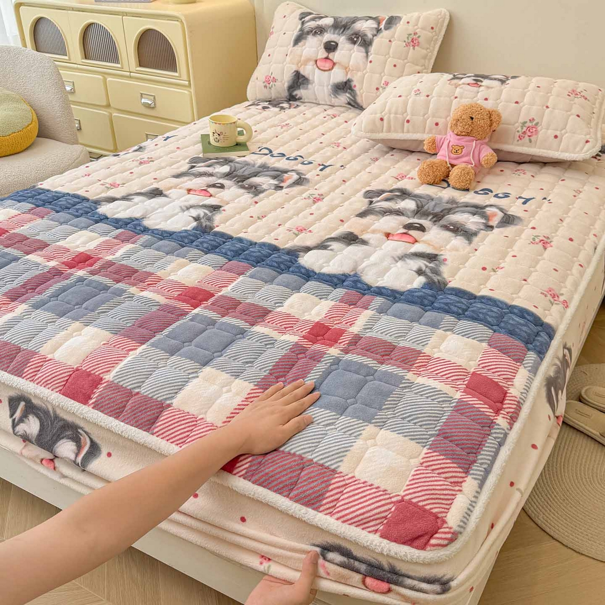 LIFE.丽芙 2025秋冬新款牛奶绒加厚夹棉单床笠印花款床垫子保护套秋冬保暖床罩子三件套 修狗