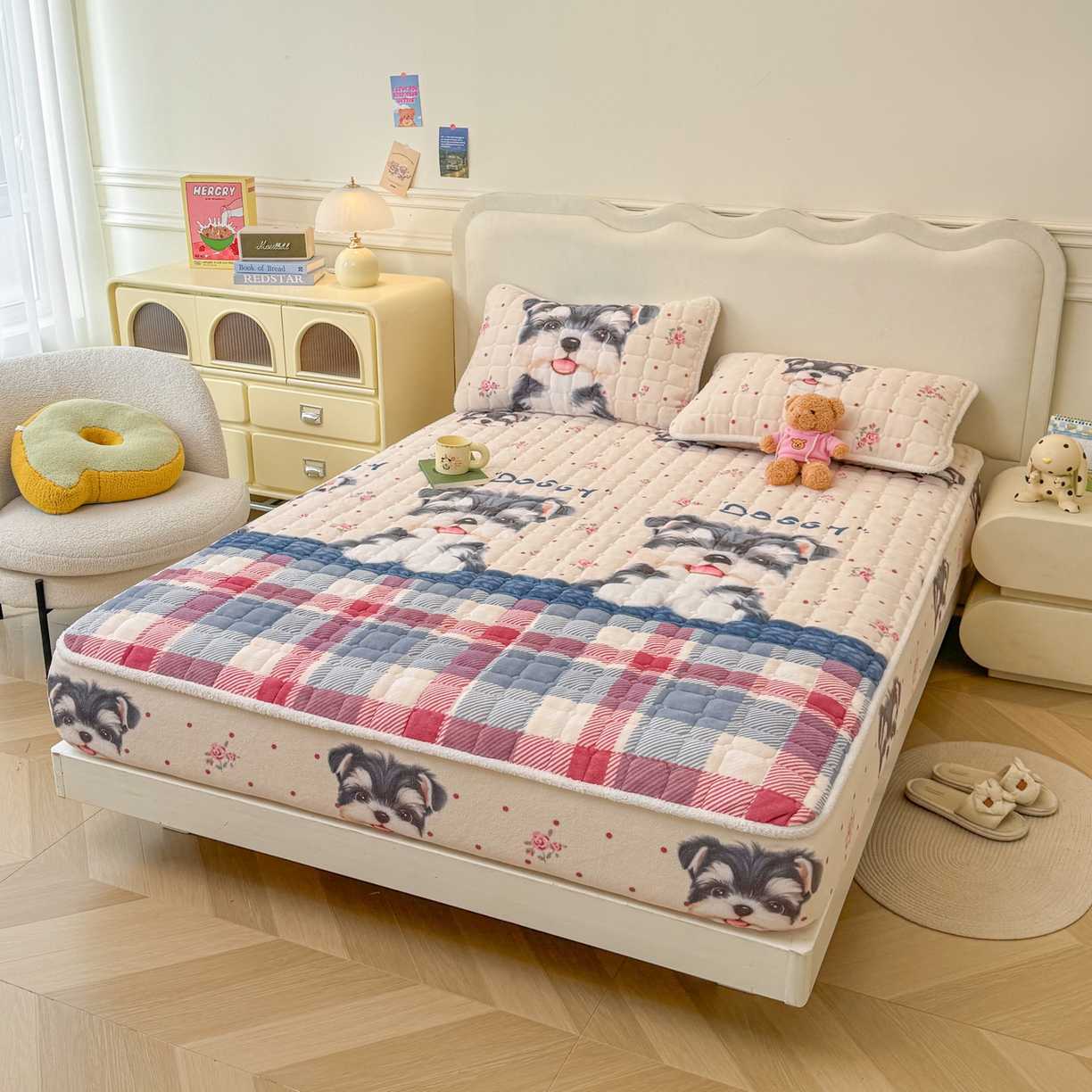 91家纺网 家纺一手货源 找家纺 LIFE.丽芙 2025秋冬新款牛奶绒加厚夹棉单床笠印花款床垫子保护套秋冬保暖床罩子三件套 修狗