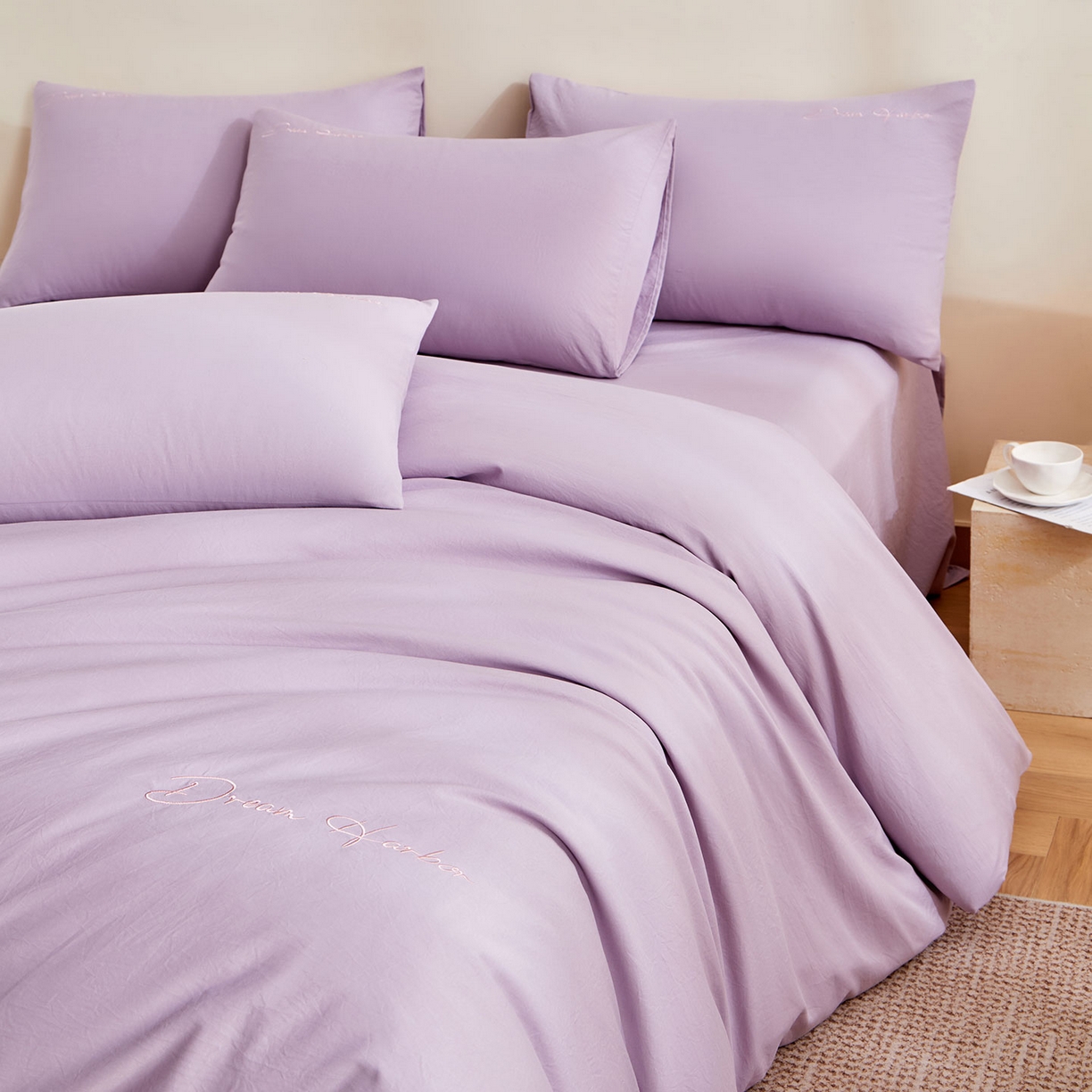 91家纺网 家纺一手货源 找家纺 （总）卡初家居（原微来） 2025新款秋冬A类母婴级磨毛加厚亲肤棉简约刺绣四件套(提供买家秀)