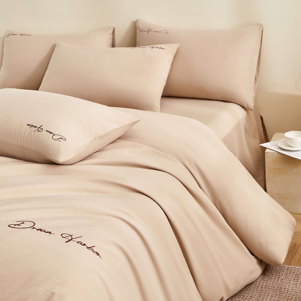 卡初家居（原微来） 2025新款秋冬A类母婴级磨毛加厚亲肤棉简约刺绣四件套(提供买家秀) 港湾-埃尔沙