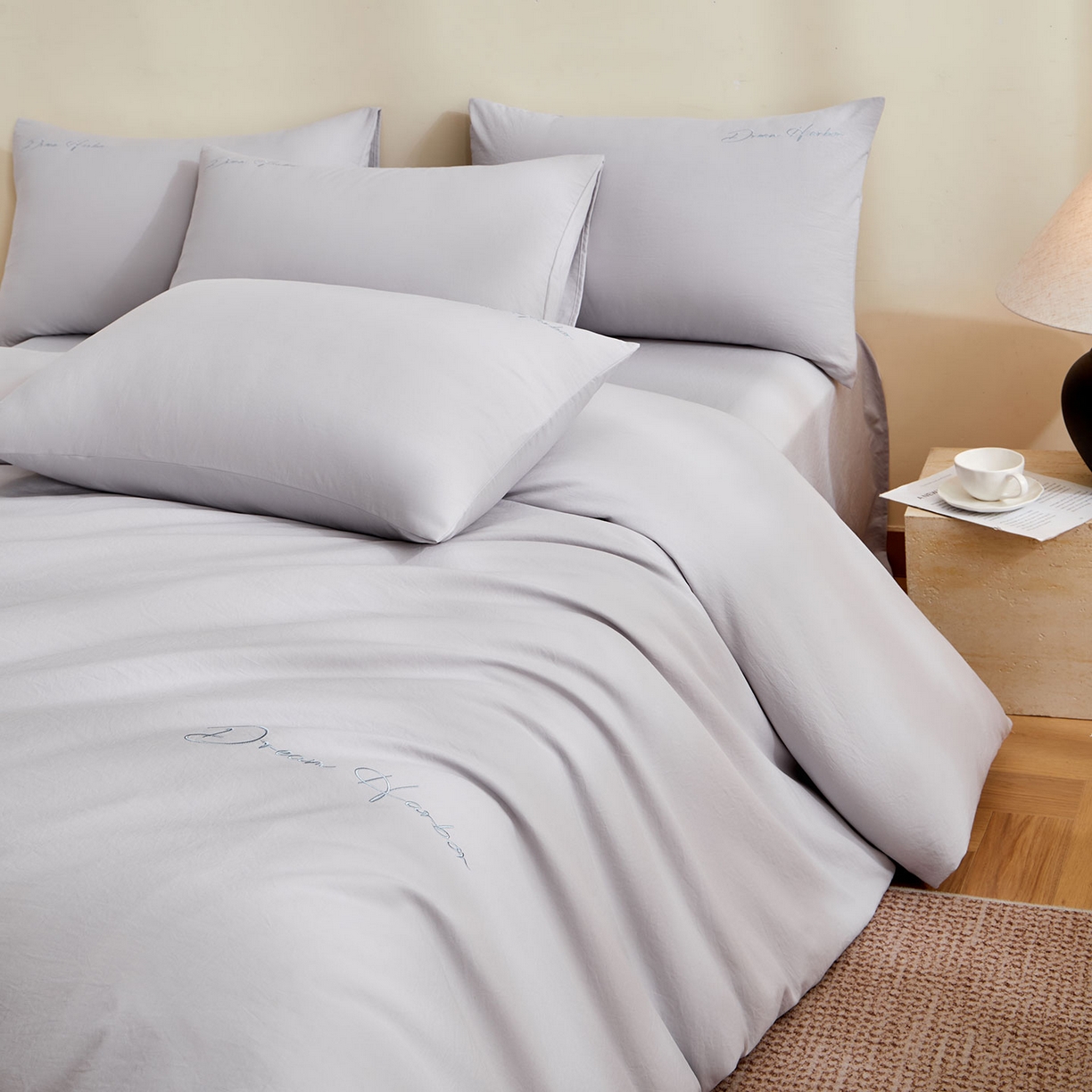 卡初家居（原微来） 2025新款秋冬A类母婴级磨毛加厚亲肤棉简约刺绣四件套(提供买家秀) 港湾-浅云灰