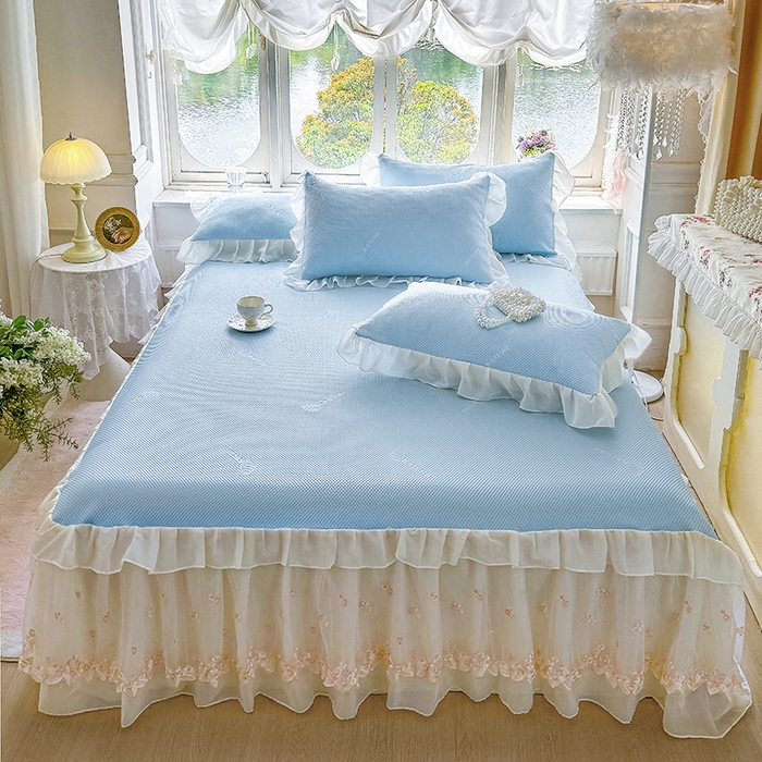 虹星家纺 2025新款A类冰感凉豆豆床裙席三件套-素夏 素夏-天空蓝