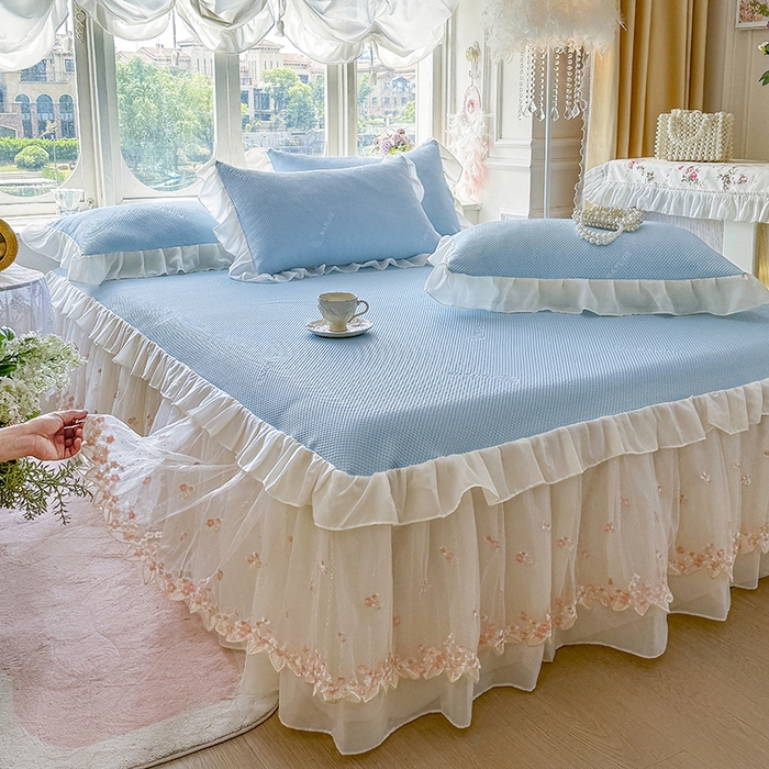 91家纺网 家纺一手货源 找家纺 虹星家纺 2025新款A类冰感凉豆豆床裙席三件套-素夏 素夏-天空蓝