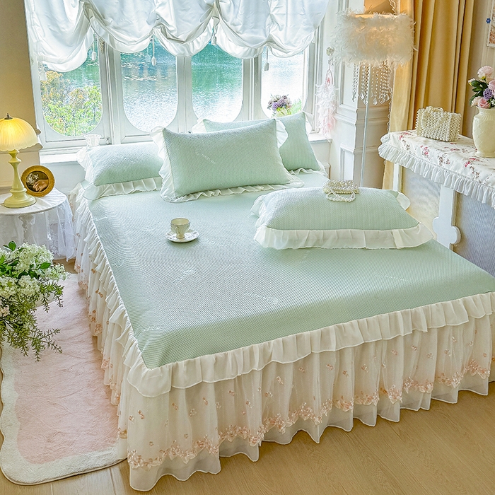 91家纺网 家纺一手货源 找家纺 虹星家纺 2025新款A类冰感凉豆豆床裙席三件套-素夏 素夏-青果绿