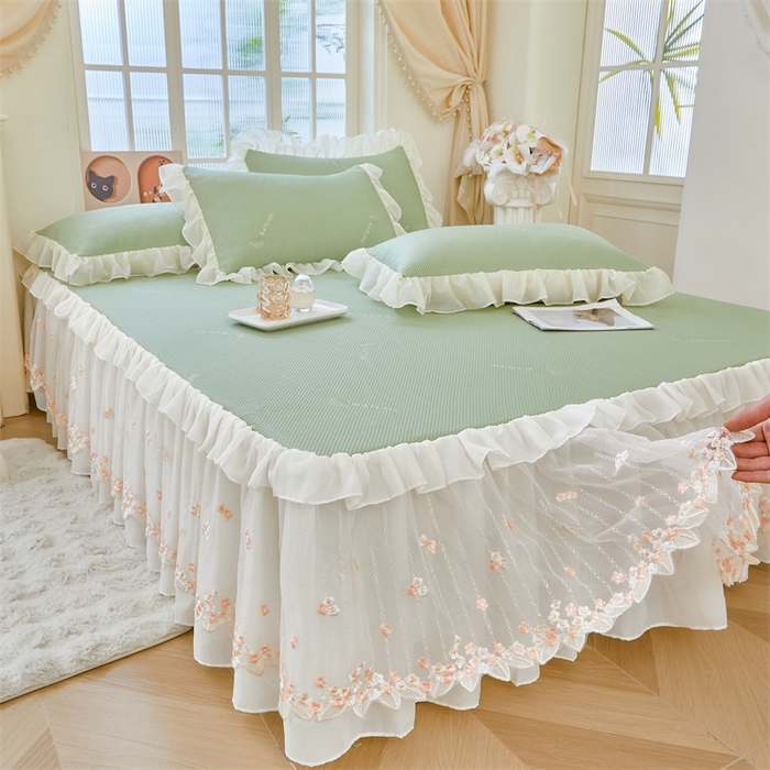 91家纺网 家纺一手货源 找家纺 虹星家纺 2025新款A类冰感凉豆豆床裙席三件套-素夏 素夏-抹茶绿