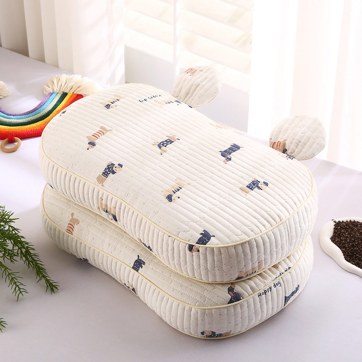 橘夏家纺 2025新款米奇耳朵全棉双层纱枕头枕芯可拆洗可替换内胆荞麦壳枕头枕芯 腊肠狗