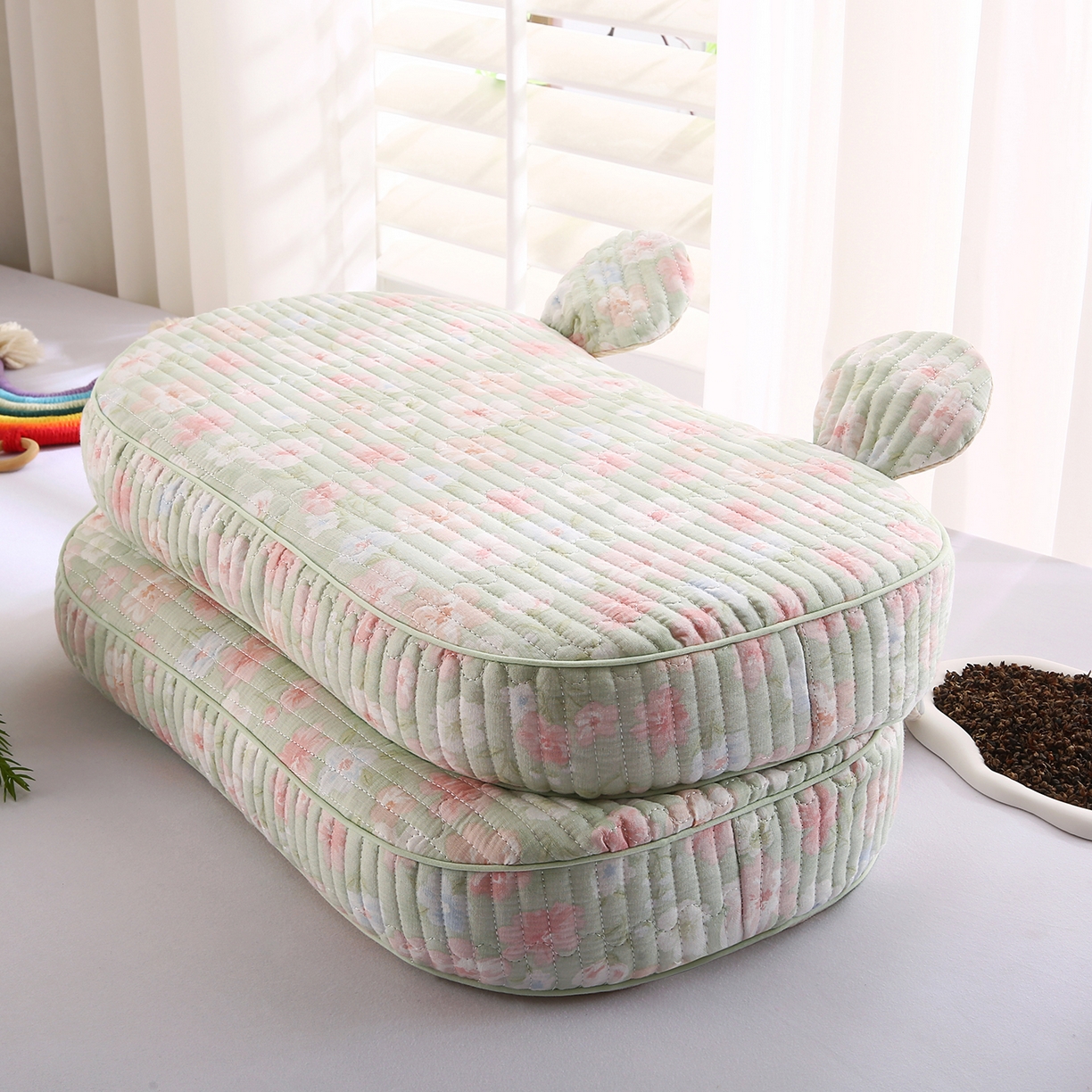 91家纺网 家纺一手货源 找家纺 橘夏家纺 2025新款米奇耳朵全棉双层纱枕头枕芯可拆洗可替换内胆荞麦壳枕头枕芯 清桃绿