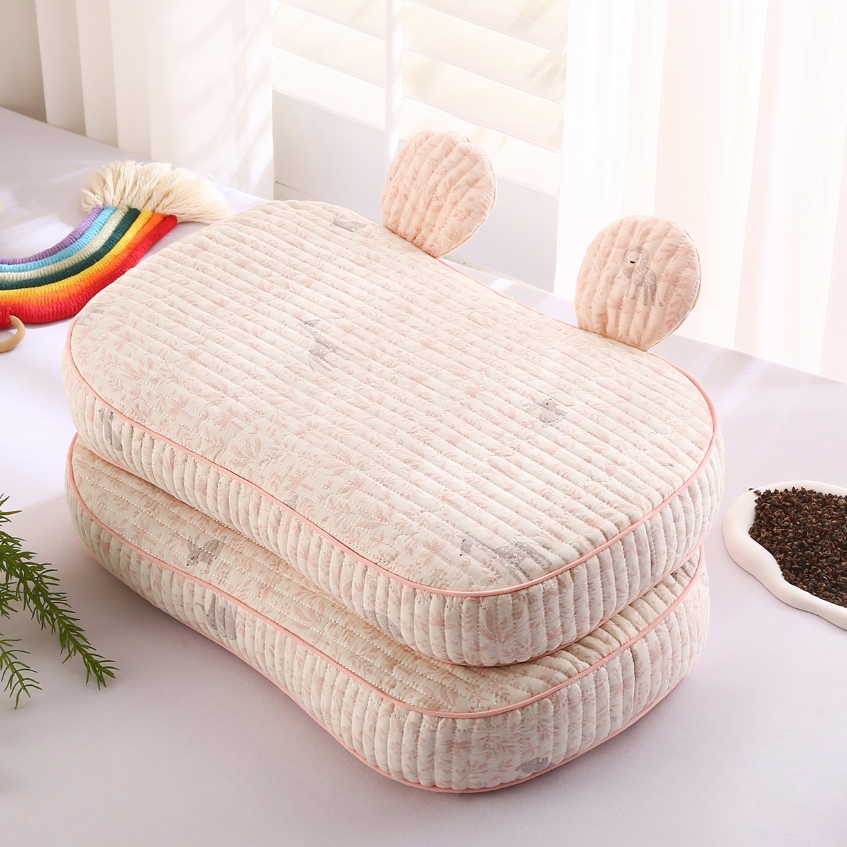 橘夏家纺 2025新款米奇耳朵全棉双层纱枕头枕芯可拆洗可替换内胆荞麦壳枕头枕芯 灵鹿粉