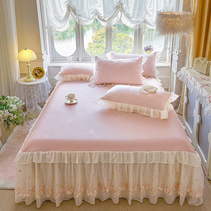 虹星家纺 2025新款A类冰感凉豆豆床裙席三件套-素夏 素夏-蜜桃粉