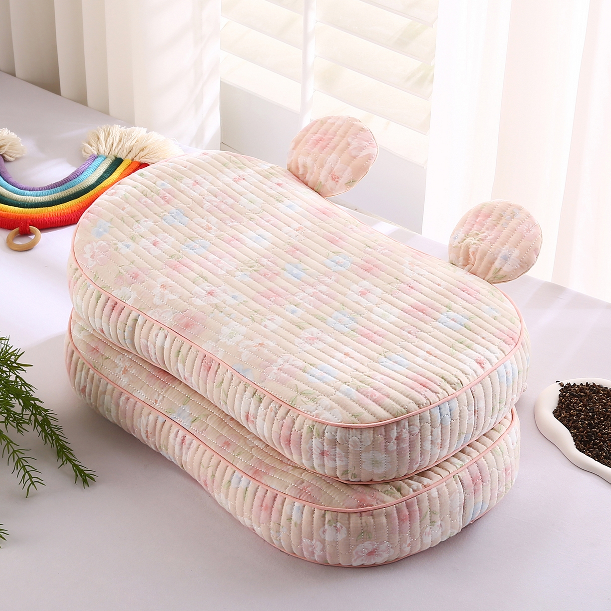 91家纺网 家纺一手货源 找家纺 橘夏家纺 2025新款米奇耳朵全棉双层纱枕头枕芯可拆洗可替换内胆荞麦壳枕头枕芯 清桃粉