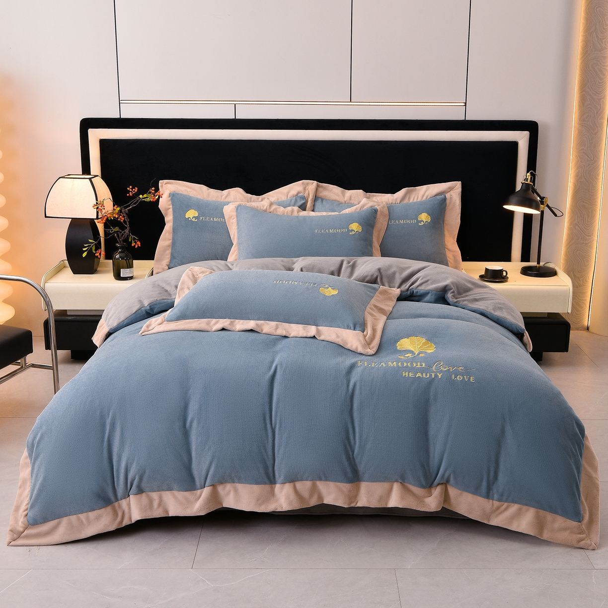 91家纺网 家纺一手货源 找家纺 湘雪家居  2025新款高克重纯色刺绣拼角床单床笠床盖款四件套 宾利兰