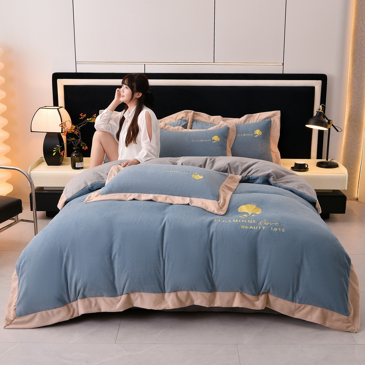 91家纺网 家纺一手货源 找家纺 湘雪家居  2025新款高克重纯色刺绣拼角床单床笠床盖款四件套 宾利兰