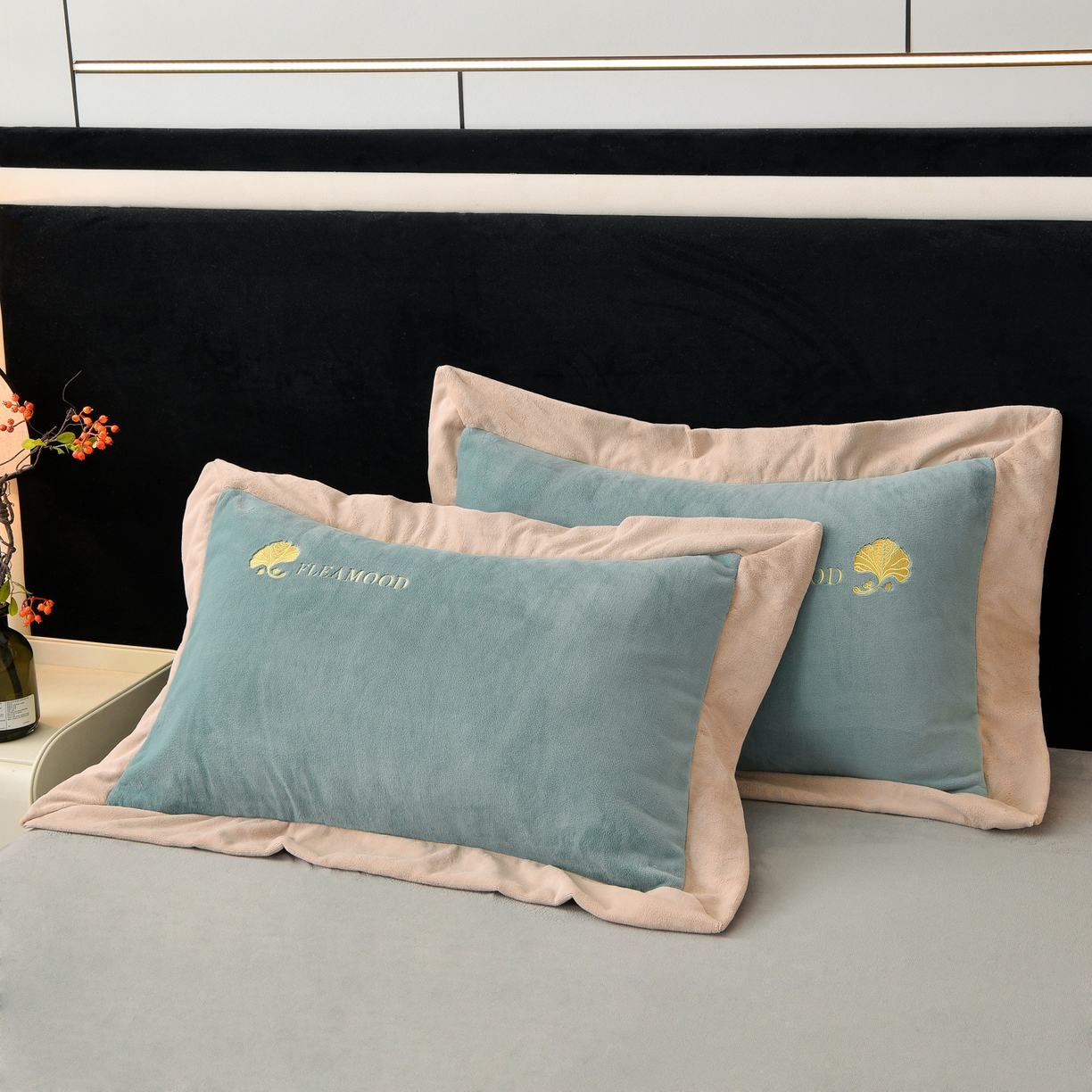 91家纺网 家纺一手货源 找家纺 湘雪家居  2025新款高克重纯色刺绣拼角床单床笠床盖款四件套 草绿色