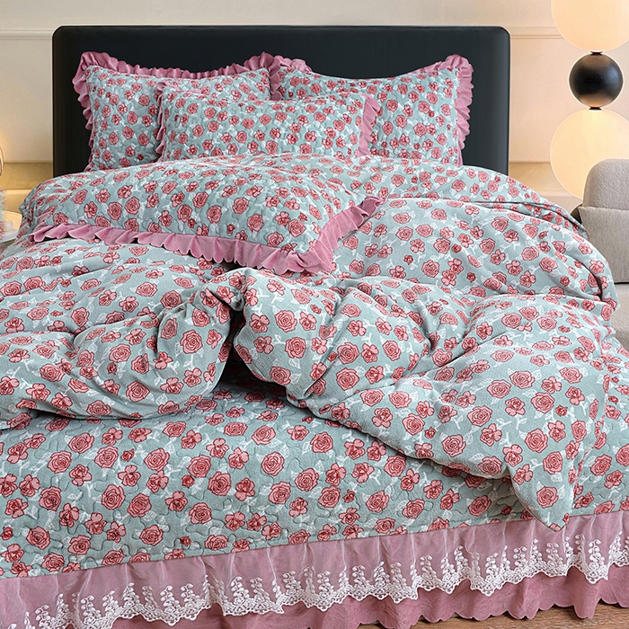 91家纺网 家纺一手货源 找家纺 梦柏家纺 2025新款牛奶绒夹棉床盖四件套 粉色玫瑰