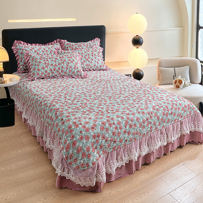 91家纺网 家纺一手货源 找家纺 梦柏家纺 2025新款牛奶绒夹棉床盖四件套 粉色玫瑰