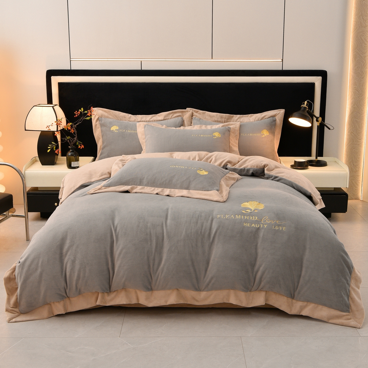 91家纺网 家纺一手货源 找家纺 湘雪家居  2025新款高克重纯色刺绣拼角床单床笠床盖款四件套 浅灰色