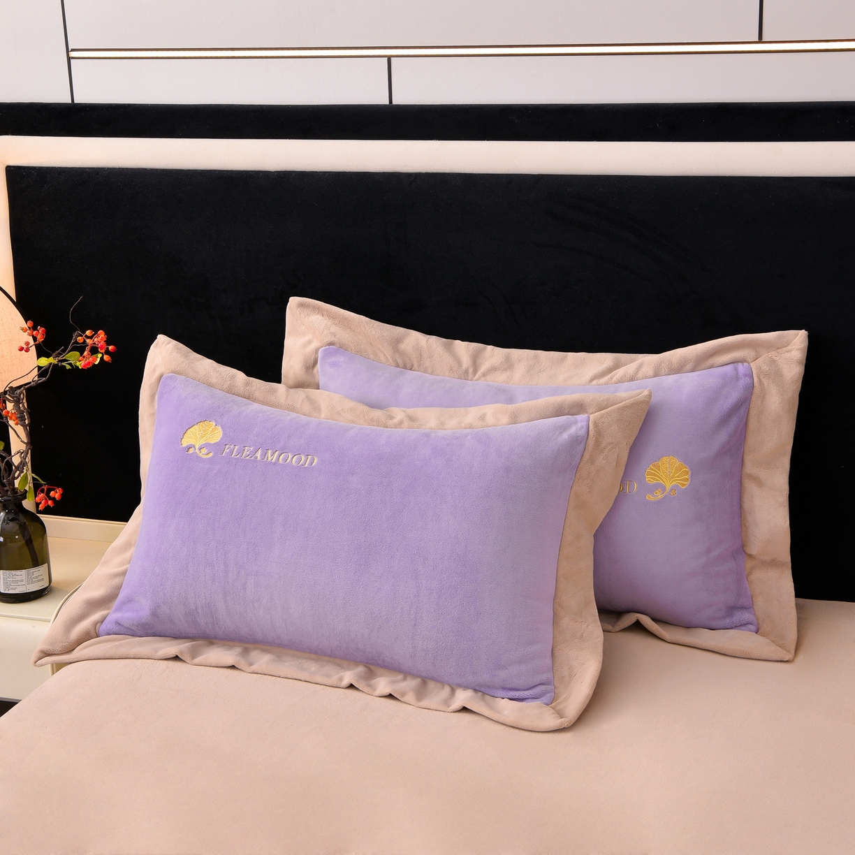 91家纺网 家纺一手货源 找家纺 湘雪家居  2025新款高克重纯色刺绣拼角床单床笠床盖款四件套 熏韵紫