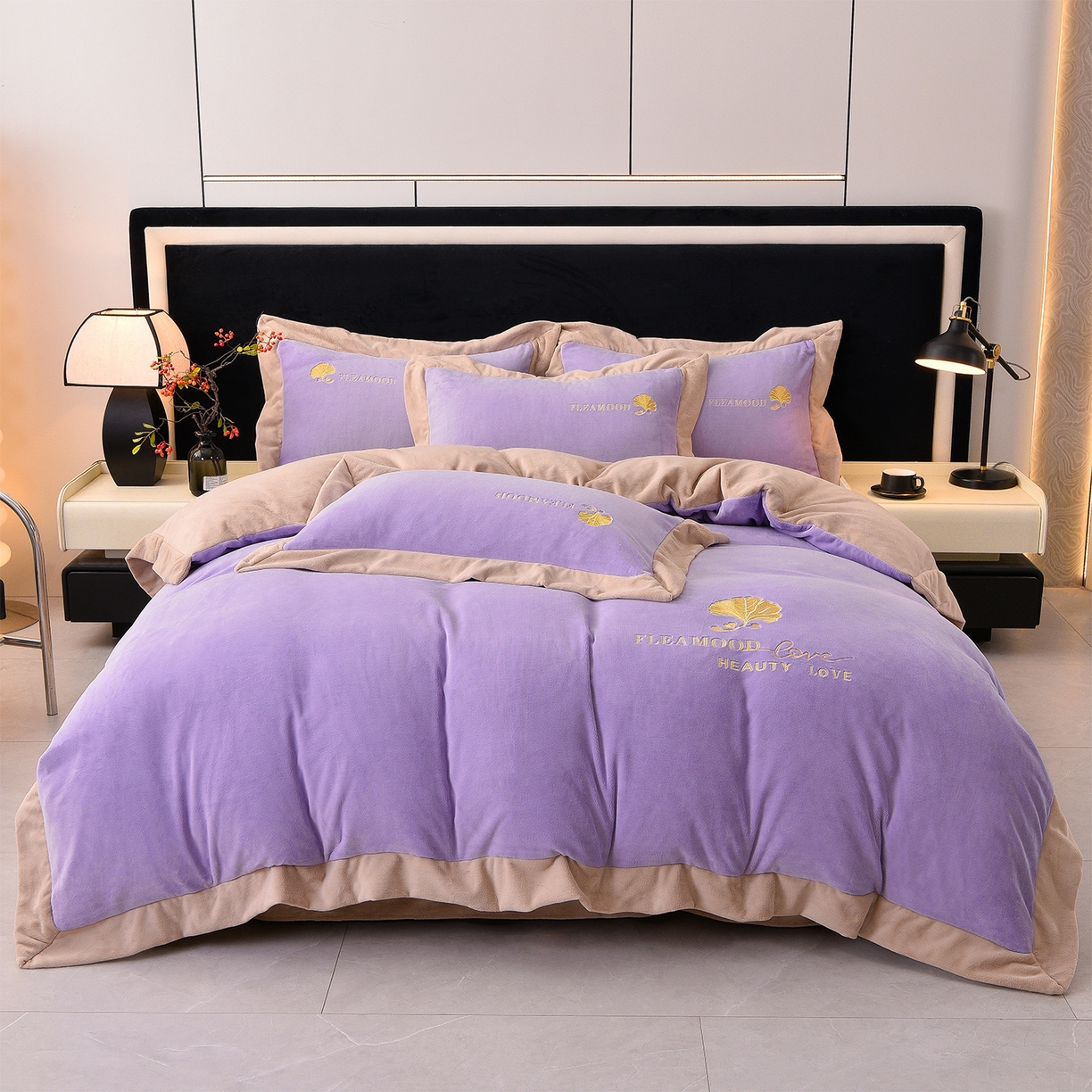 91家纺网 家纺一手货源 找家纺 湘雪家居  2025新款高克重纯色刺绣拼角床单床笠床盖款四件套 熏韵紫