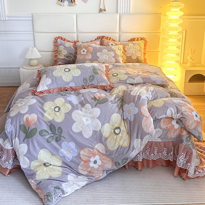梦柏家纺 2025新款牛奶绒夹棉床盖四件套 花语