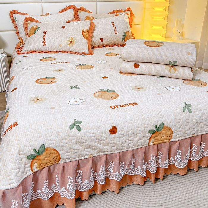 91家纺网 家纺一手货源 找家纺 梦柏家纺 2025新款牛奶绒夹棉床盖四件套 桔子